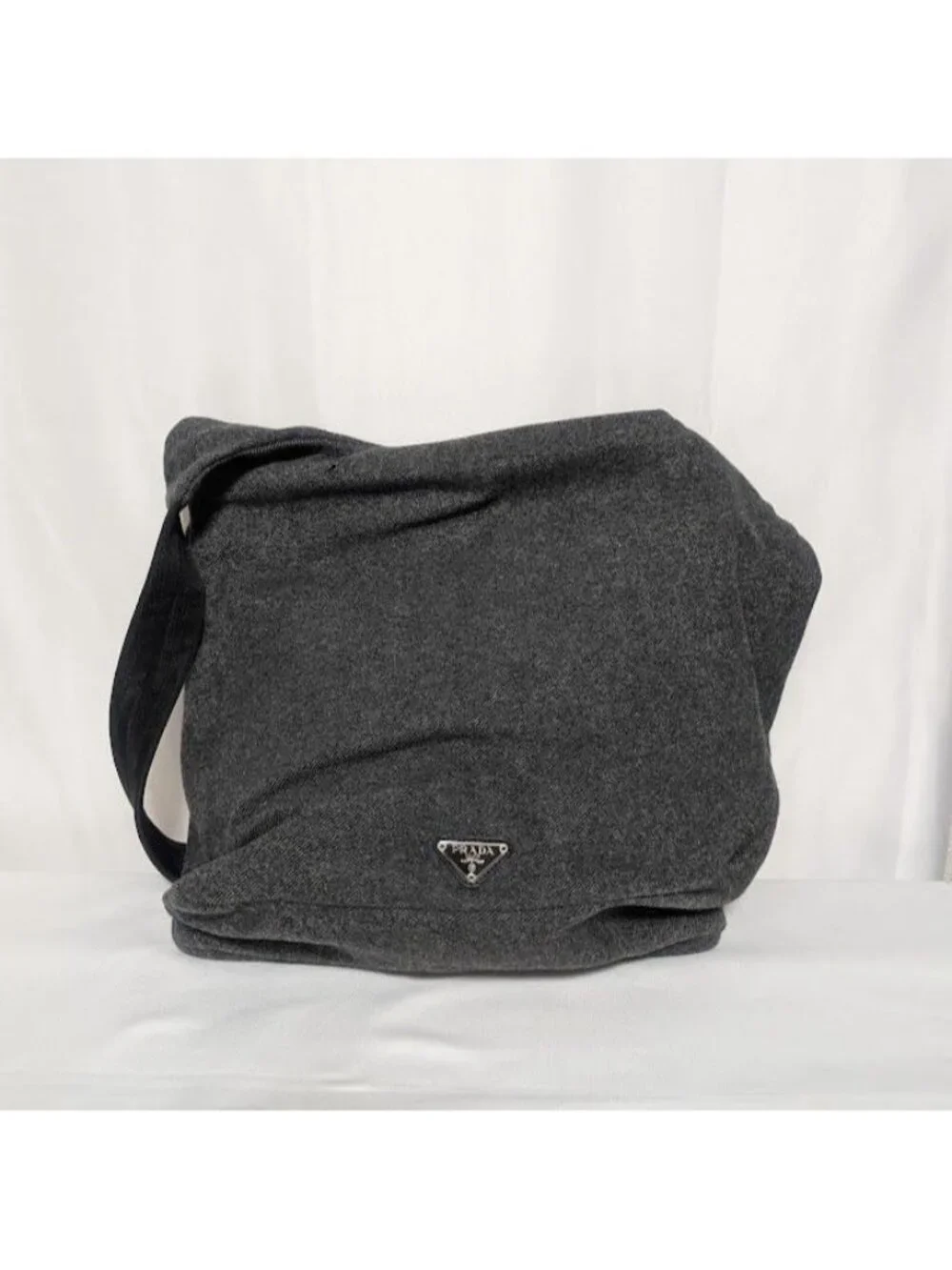 Prada Wool Triangle Logo Gray Messenger Bag Length Adjustable